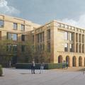 An artistic impression of the Schwarzman Centre in the daytime - it is a four-storey sandstone building with many windows and different facets.